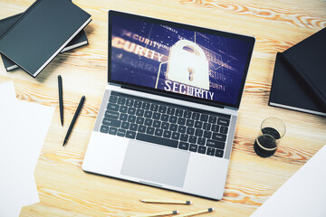 Poster - Computer monitor with creative light lock illustration and microcircuit, cyber security concept. 3D Rendering