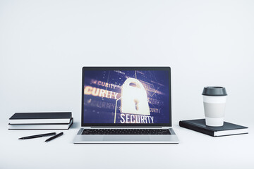 Poster - Computer monitor with creative light lock illustration and microcircuit, cyber security concept. 3D Rendering