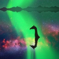 Sticker - Giraffe on lake. Animal silhouette. Loch Ness monster. Polar lights