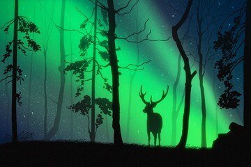 Poster - Lonely deer in misty forest. Animal silhouette. Green aurora borealis
