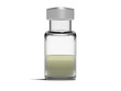 Frontal view of a vial with a light yellow liquid vaccine. Isolated. No label. Transparent background for compositing. 