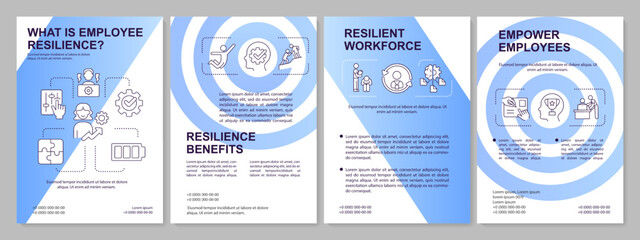 Workforce resilience blue gradient brochure template. Employees wellbeing. Leaflet design with linear icons. 4 vector layouts for presentation, annual reports. Arial, Myriad Pro-Regular fonts used