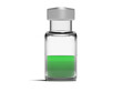 Frontal view of a vial with a green liquid vaccine. Isolated. No label. Transparent background for compositing. 