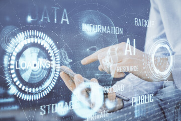 Poster - Multi exposure of man's hand holding and using a digital device and data theme drawing. Innovation concept.