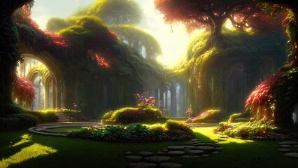 Wall Mural - Garden of Eden, exotic fairytale fantasy forest, Green oasis. Unreal fantasy landscape with trees and flowers. Sunlight, shadows, creepers and an arch. 3D illustration.