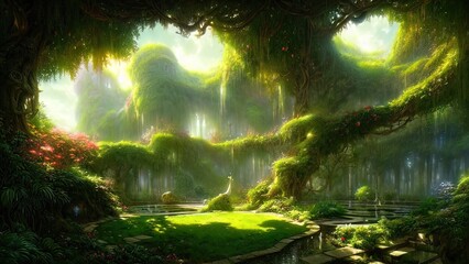 Canvas Print - Garden of Eden, exotic fairytale fantasy forest, Green oasis. Unreal fantasy landscape with trees and flowers. Sunlight, shadows, creepers and an arch. 3D illustration.