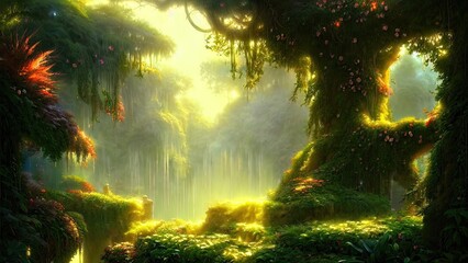 Wall Mural - Garden of Eden, exotic fairytale fantasy forest, Green oasis. Unreal fantasy landscape with trees and flowers. Sunlight, shadows, creepers and an arch. 3D illustration.