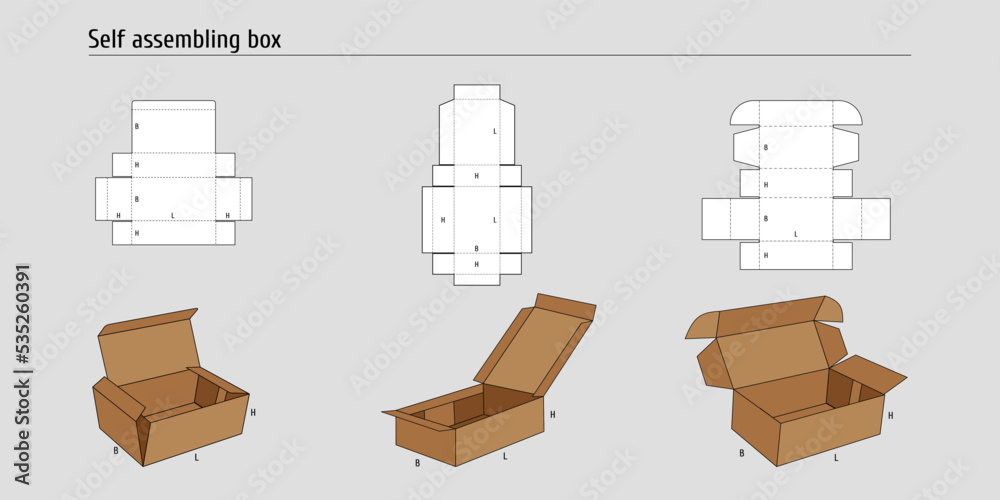Simple Scheme Template self assembling box. Layout for laser cutting of a cardboard box. Three types of simple boxes for goods.