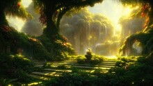 Garden Of Eden, Exotic Fairytale Fantasy Forest, Green Oasis. Unreal Fantasy Landscape With Trees And Flowers. Sunlight, Shadows, Creepers And An Arch. 3D Illustration.