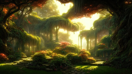 Garden of Eden, exotic fairytale fantasy forest, Green oasis. Unreal fantasy landscape with trees and flowers. Sunlight, shadows, creepers and an arch. 3D illustration.