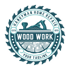 carpenter vintage logo design. hand plane, saw and wood icon, for carpentry, furniture, construction and home improvement.