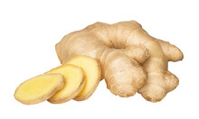 Ginger Root Isolated. One Whole And Cut Slices Of Ginger Root