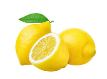 Lemons Isolated. Three Lemon Fruits Whole And Cut Half With Green Leaves