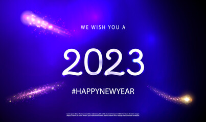 Poster - Happy New Year 2023 Lettering on colorful lights background. Hitech innovation background. Purple and blue colored 2023 year with glowing lights background. Vector EPS10.