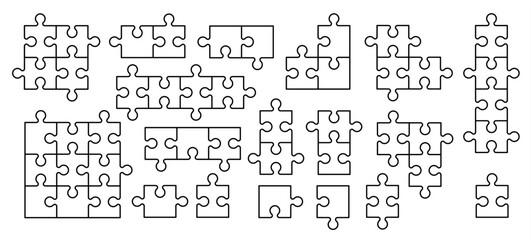 jigsaw puzzle pieces connection line pattern. Puzzle pieces icon or pictogram. Cartoon vector outline. Autism awareness logo or symbol. Dubbele platte puzzels. Teamwork concept. Mosic sign. Game print