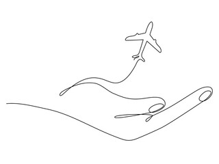 Poster - Human hand holding flying airplane continuous line art drawing. One line travel concept. Vector isolated on white.