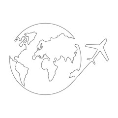 Poster - world map with flying airplane one line art. continuous earth doodle line drawing. vector illustrati