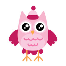 Cute Pink Owl In A Hat. Child Character For Stickers, Stickers, Posters, Book Illustrations. Children's Drawing. Vector Illustration In Cartoon Style