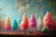 © Nika - colorful dreamlike candy cotton trees in a forest, abstract pink landscape, optimism concept illustration. Generative AI