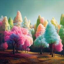 Colorful Dreamlike Candy Cotton Trees In A Forest, Abstract Pink Landscape, Optimism Concept Illustration