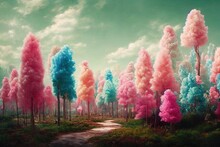Colorful Dreamlike Candy Cotton Trees In A Forest, Abstract Pink Landscape, Optimism Concept Illustration