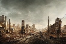 Empty Ruined City. Post-apocalypse, Houses And Roads Illustration. Generative AI