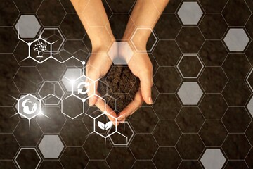 Canvas Print - Hand holding soil on the field. Agriculture concept.