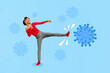 © deagreez - Creative drawing collage picture of funny strong woman leg kick bacteria virus immune system antibody protection barrier shield healthcare