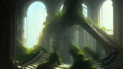 Wall Mural - Staircase in the palace leading to the top. Large panoramic windows. Fantasy interior with a garden. Rays of the sun, shadows. Majestic staircase. 3D illustration.