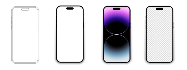 Aufkleber - Set of realistic models smartphone with transparent screens. Smartphone mockup collection. Phone mockup in front. Mobile phone with shadow. Realistic, flat and line style. Vector EPS 10