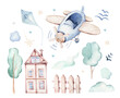 Watercolor set baby cartoon cute pilot aviation background illustration of fancy sky transport complete with airplanes balloons, clouds. childish Boy pattern. It's a baby shower illustration