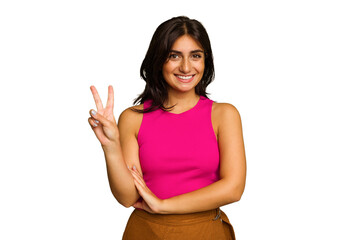 young indian woman isolated on green chroma background showing number two with fingers.