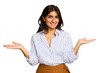 © Asier - Young Indian woman isolated on green chroma background makes scale with arms, feels happy and confident.