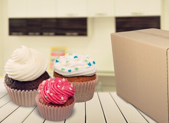 Wall Mural - Three Cup Cake and Box. Tasty sweet food