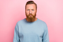 Portrait Photo Of Young Bearded Redhair Handsome Man Unhappy Angry Agressive Conflict Man Isolated On Pink Color Background