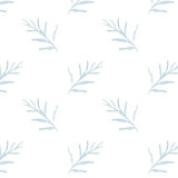 Fototapeta Sypialnia - Seamless pattern, background, texture print with light watercolor hand drawn blue color dusty leaves, fern greenery forest herbs, plants. Delicate, elegant textile fabric, wrapping paper background mo