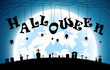 illustration halloween festival background,full moon on dark night with spider on the grave,many ghost and devil walking to castle for celebration halloween day