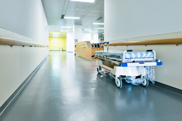 Poster - Empty hospital hallway with surgical transport equipment