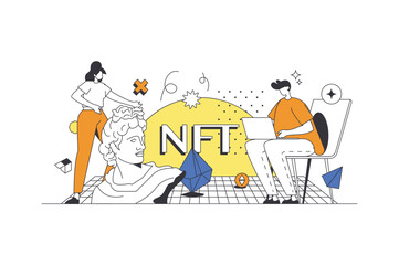 NFT and cryptocurrency web concept in flat outline design with characters. Man and woman invest in collectible artwork with non fungible token. Crypto business people scene. Vector illustration.