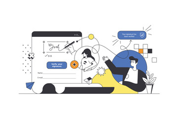 Poster - Electronic contract web concept in flat outline design with characters. Man and woman signing electronic agreements with digital signature, making business deal people scene. Vector illustration.