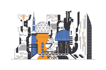 Fototapete - Futuristic megalopolis web concept in flat outline design with characters. Woman lives in smart city with abstract infrastructure, wireless and hitech technologies, people scene. Vector illustration.