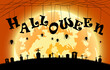 illustration halloween festival background,full moon on dark night with spider on the grave,many ghost and devil walking to castle for celebration halloween day
