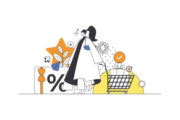Shop loyalty program web concept in flat outline design with character. Woman receives discount card with cumulative bonuses and using her bonuses with purchase, people scene. Vector illustration.