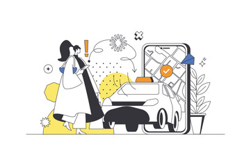 Leinwandbilder - Taxi booking web concept in flat outline design with character. Woman looking for car and ordering taxi, tracking route on map online in mobile application, people scene. Vector illustration.