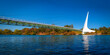 Panoramic autumn landscape at Sacramento River and wildlife animal sanctuary with the view of Sundial Bridge in Redding, Northern California