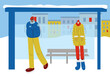 Frozen people waiting for bus for long time. Man and woman character on bus stop in cold winter. Persons are shivering in the cold. Cartoon flat vector illustration