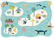 © Anna Ivanir - Little islands vector cartoon map with octopus, raccoon, wale, sea, ocean. Travel map for kids.