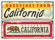 California retro style sign design with bear emblem and creative typography. Vintage greeting card design from California USA.