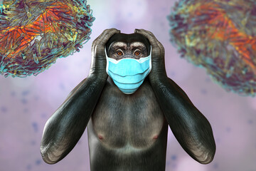 Wall Mural - Upset monkey in a mask holding his head, conceptual 3D illustration