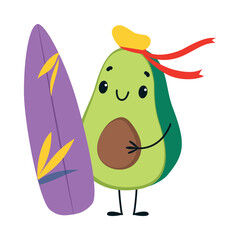 Sticker - Avocado as Summer Fruit Character with Surfboard Enjoying Vacation and Having Fun Vector Illustration